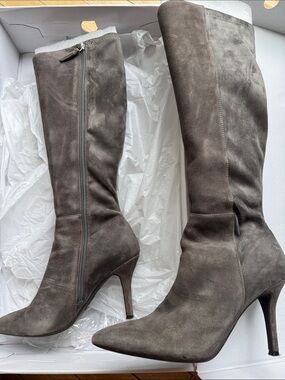 NIne West Gray Suede Knee-High Heeled Boots - Women